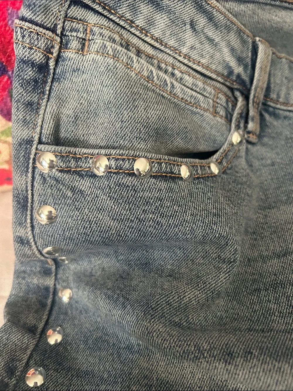 Rachel Light Blue Stud-Trim Wide Leg Jeans